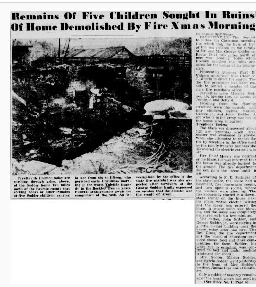 Beckley Raleigh Register coverage showing the ruins of the Sodder family home after the Christmas 1945 fire.