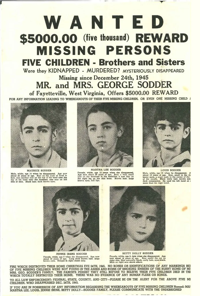 Sodder family reward flyer seeking information about their five missing children.